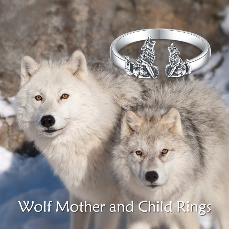 Sterling Silver Wolf Rings Mother and Child Open Adjustable Size Rings - Image 5