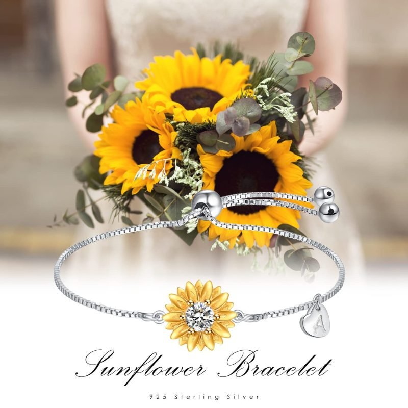 Sunflower Bracelets with Initial A Sterling Silver Sunflower Gifts for Women Girls Sunflower Jewelry - Image 5