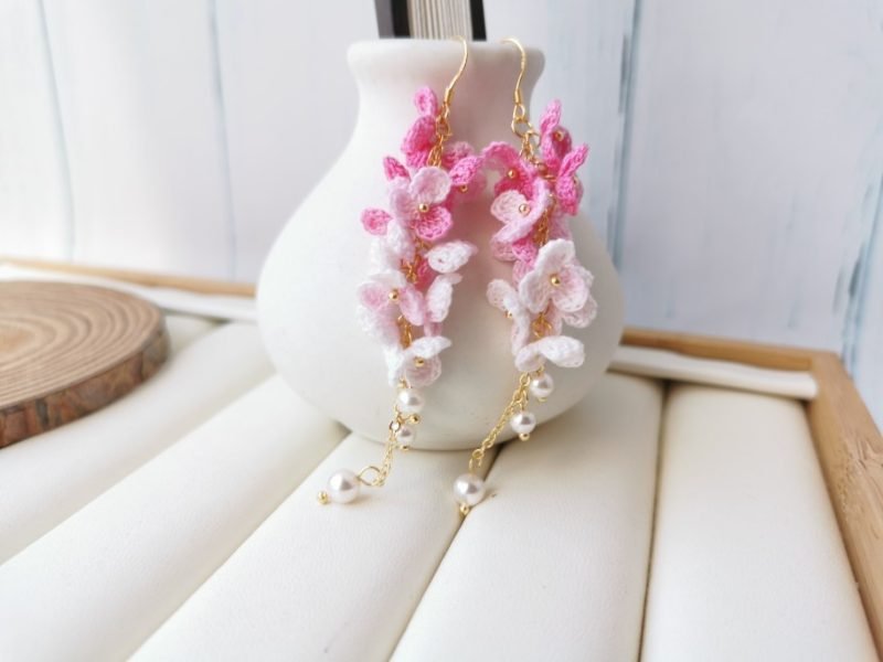 Handmade Lace Thread Micro Crochet Crushed Flower Earrings - Image 3